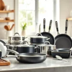 Various 17 piece nonstick pots and pans sets arranged in a kitchen setting