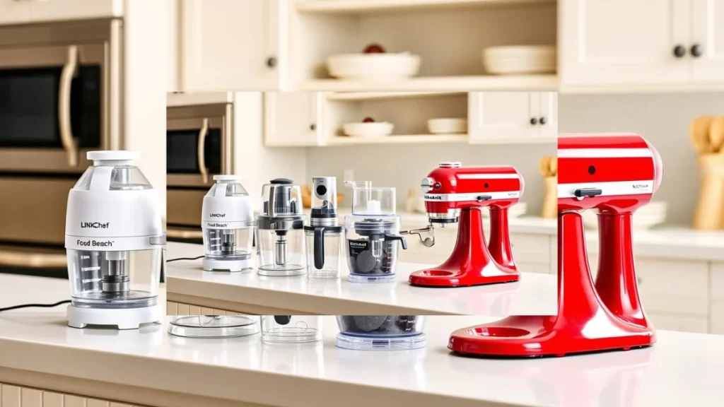 Collection of the top 5 mini food choppers arranged on a kitchen counter