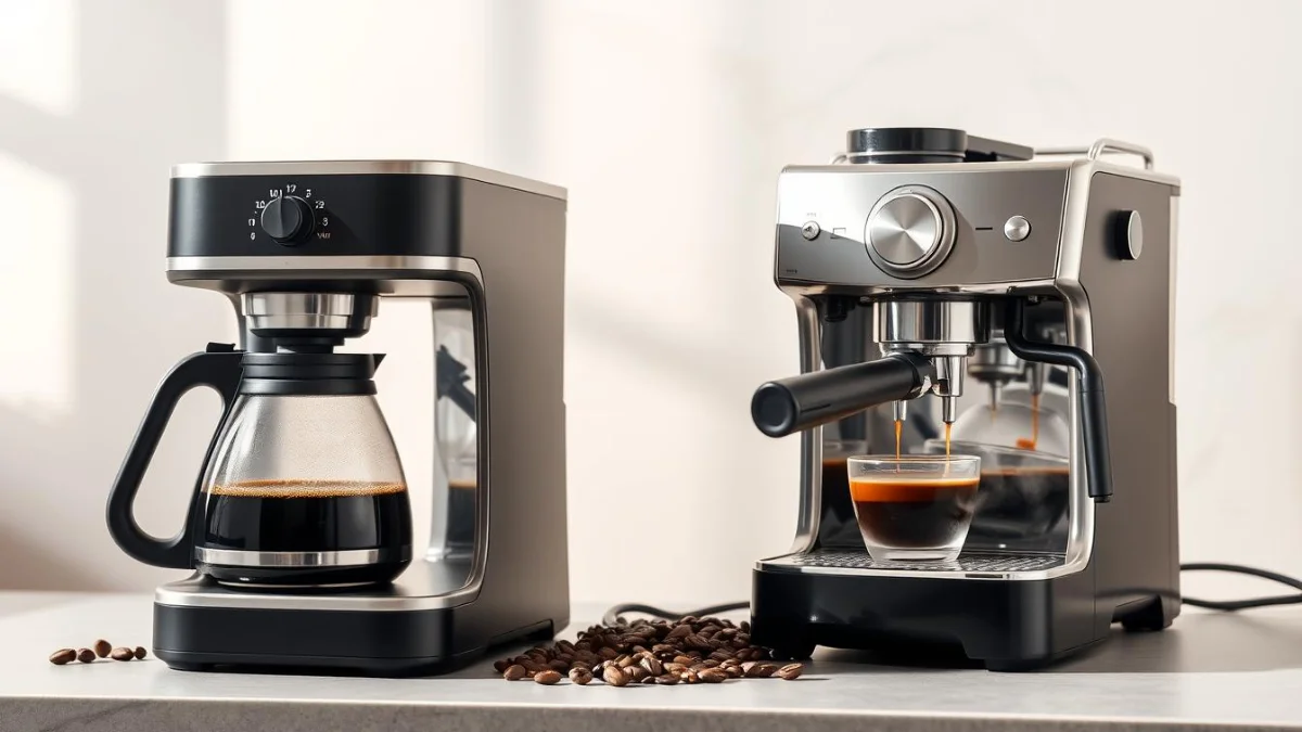 Coffee maker vs espresso machine side by side comparison showing the difference in size and design