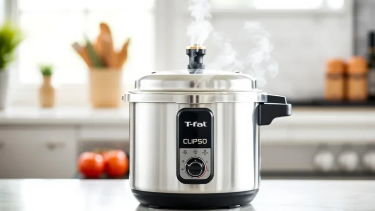 T-fal Clipso Stainless Steel Pressure Cooker with steam releasing from valve
