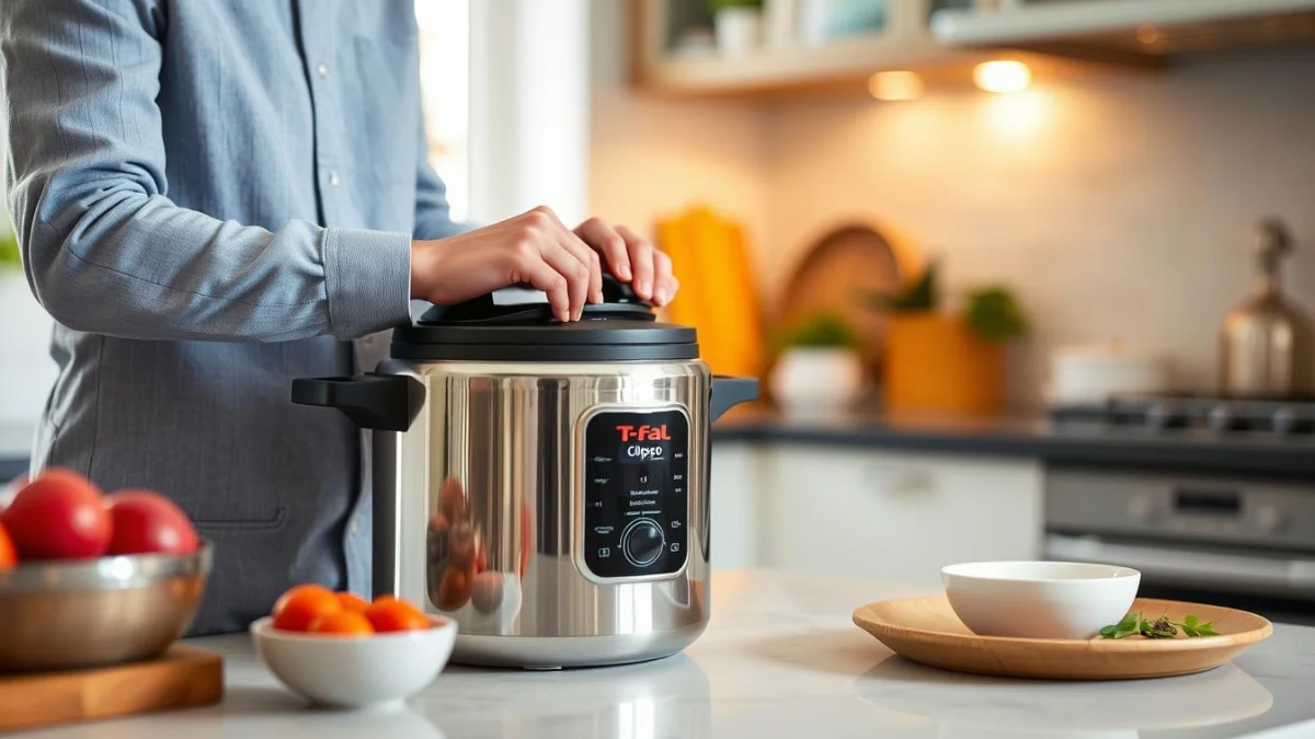 T-fal Clipso Stainless Steel Pressure Cooker with beans