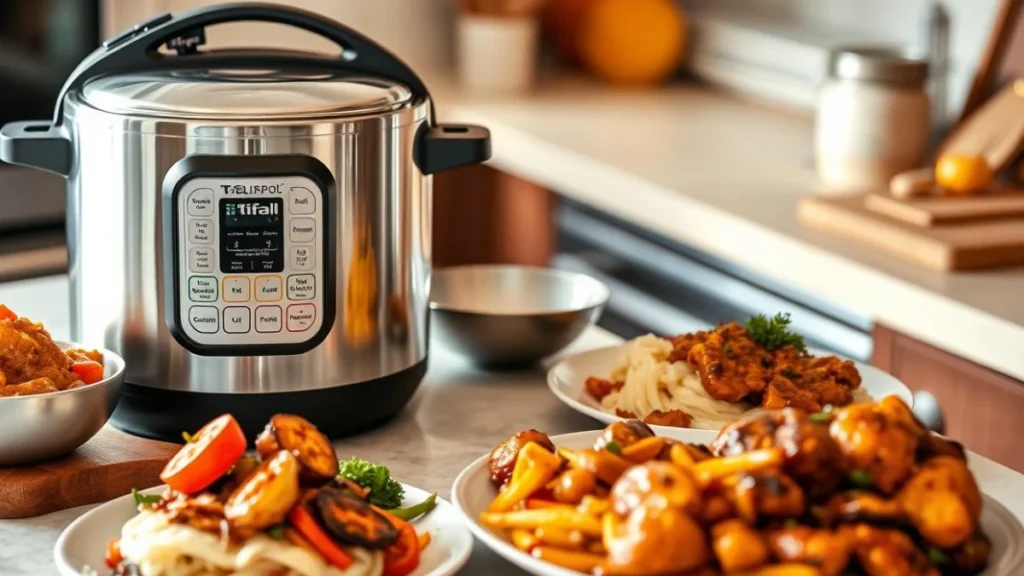T-fal Clipso Stainless Steel Pressure Cooker with completed meal