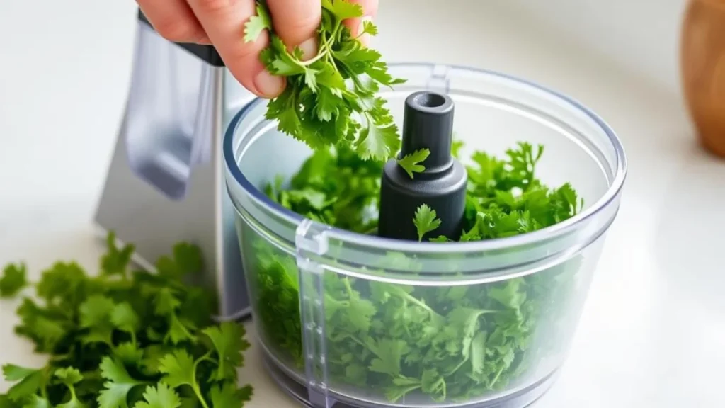 Hamilton Beach Mini Food Processor chopping herbs