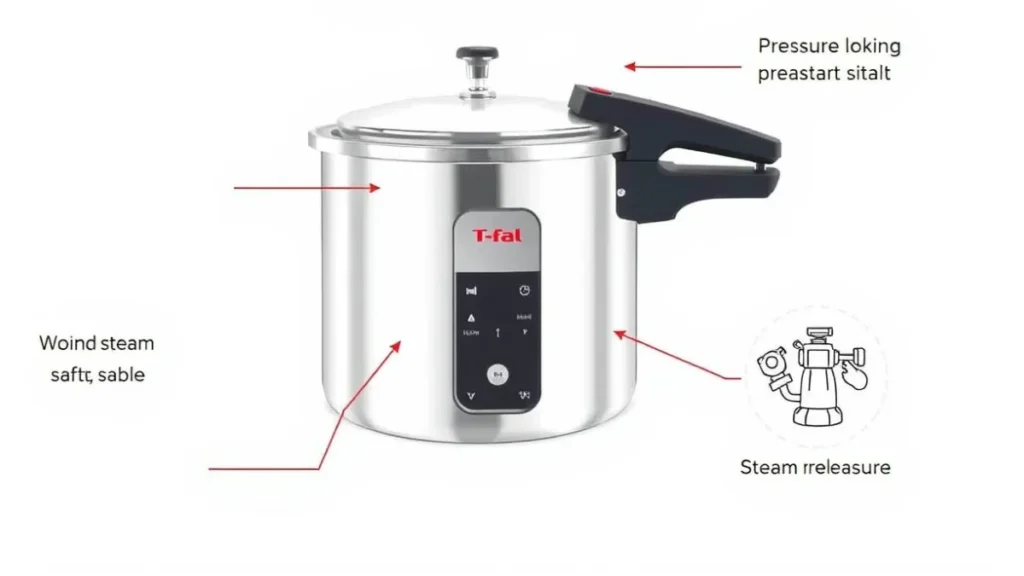 T-fal Clipso Stainless Steel Pressure Cooker safety features diagram