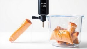ANOVA Precision Cooker: Your Sous Vide Companion 39 Anova Culinary Sous Vide Precision Cooker 3.0 (WiFi) 1100-watts attached to a pot with food cooking