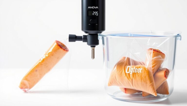 Anova Culinary Sous Vide Precision Cooker 3.0 (WiFi) 1100-watts attached to a pot with food cooking