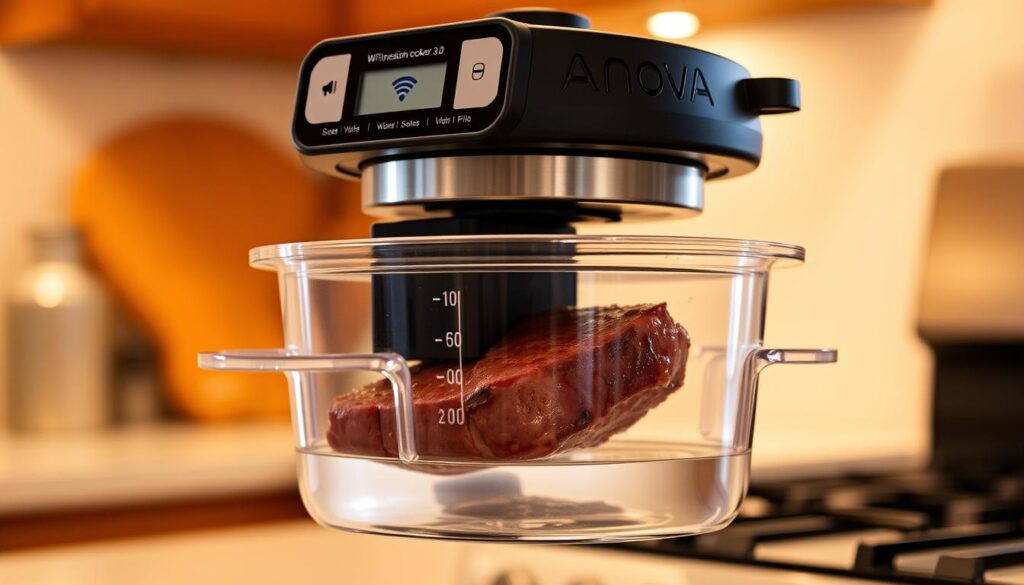 ANOVA Precision Cooker: Your Sous Vide Companion 17 Anova Precision Cooker 3.0 cooking a steak in sous vide water bath