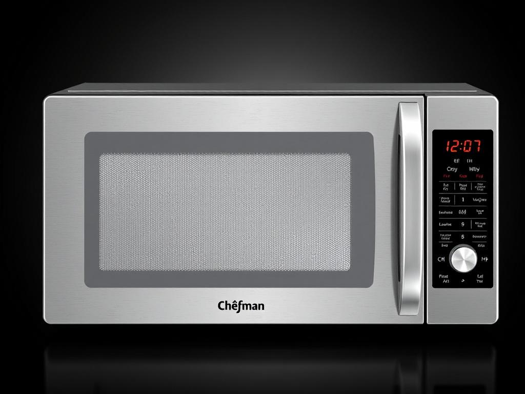 Chefman Countertop Microwave Oven 1.1 Cu. Ft. with digital display showing advanced features