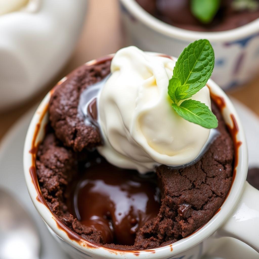 Chocolate mug cake made in microwave with melting chocolate center