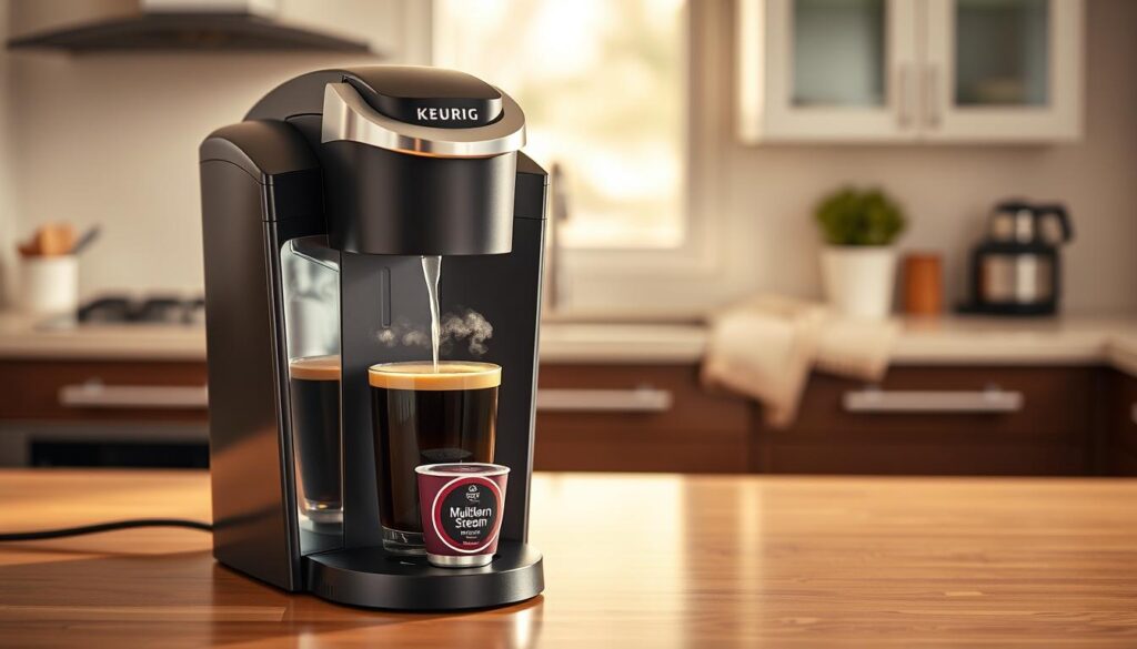 Keurig K-Supreme Single Serve Coffee Maker with MultiStream Technology brewing a cup of coffee