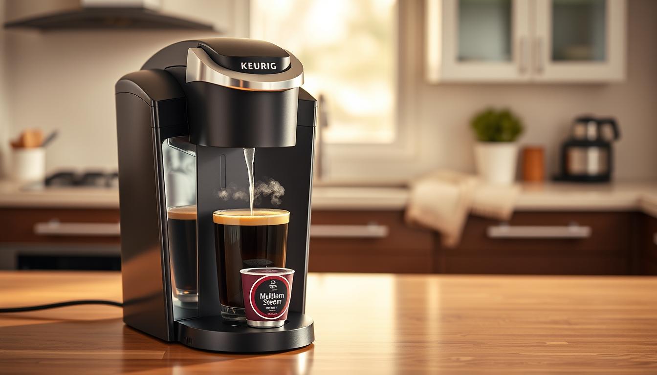 Keurig K-Supreme Single Serve Coffee Maker with MultiStream Technology brewing a cup of coffee