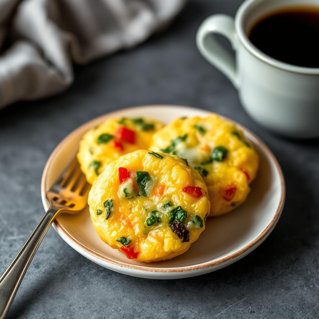 Microwave egg bites with vegetables and cheese on plate