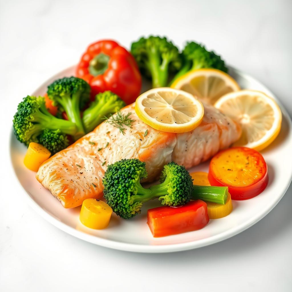 Microwave-steamed salmon with fresh vegetables on plate