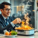Person enjoying a hot meal from an electric lunch box at their office desk