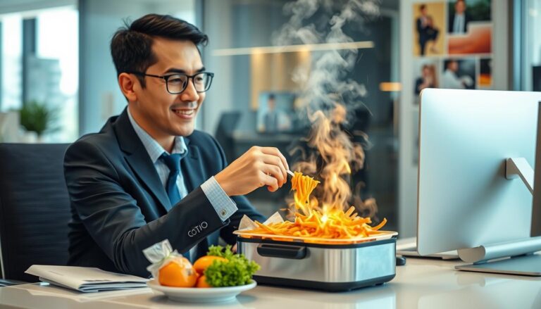 Person enjoying a hot meal from an electric lunch box at their office desk