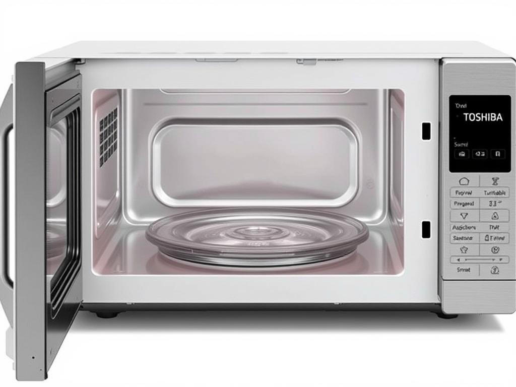 Toshiba EM131A5C-SS Countertop Microwave with open door showing interior and control panel