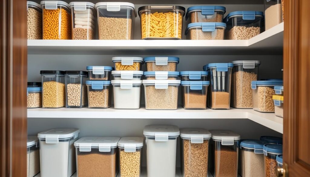 Various kitchen storage containers sets organized in a modern kitchen pantry