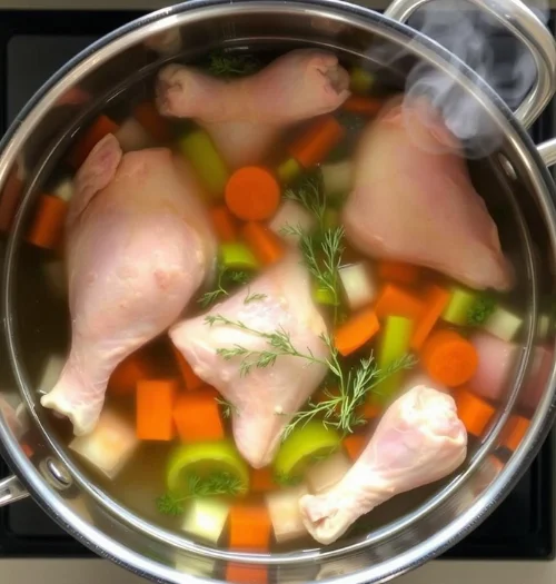 Stockpot being used to make homemade chicken stock with vegetables and herbs