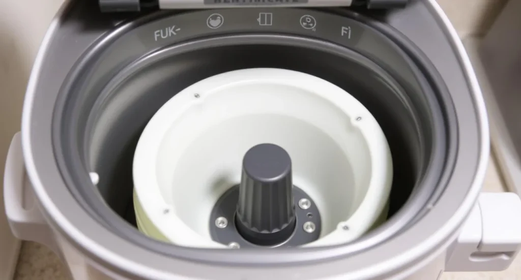 Inside view of a compact bread machine showing kneqading paddle and pan