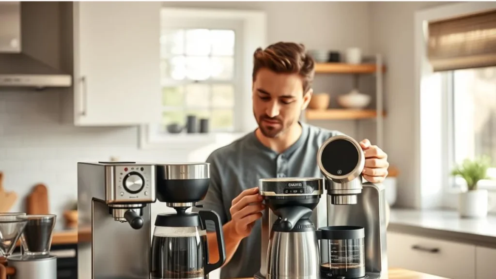 A person comparing different SCA certified coffee makers in a kitchen