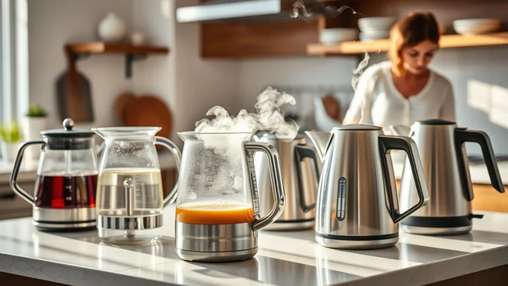 Various-best-electric-kettles-arranged-on-a-kitchen-counter-showing-different-styles-and