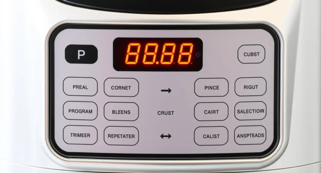 Close-up of a compact bread machine control panel showing multiple settings