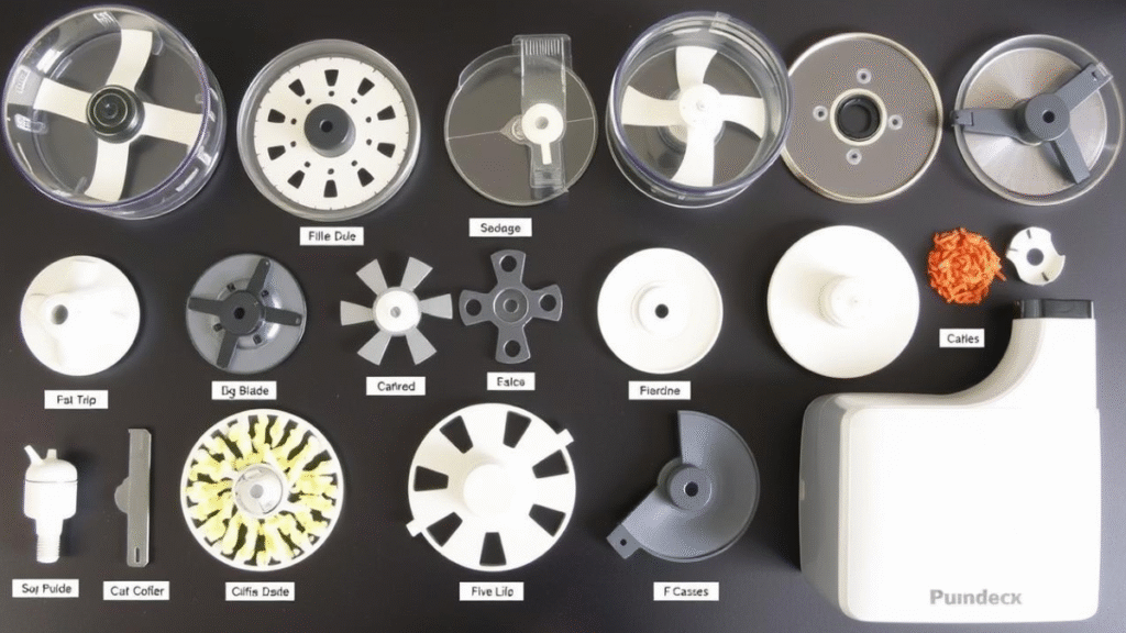 Various food processor attachments and their uses displayed