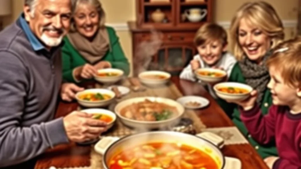Family enjoying a meal prepared in a stockpot