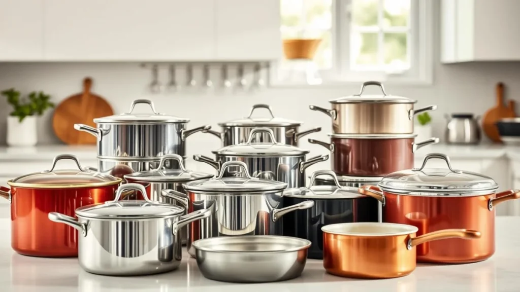 Collection of stockpots in a modern kitchen setting