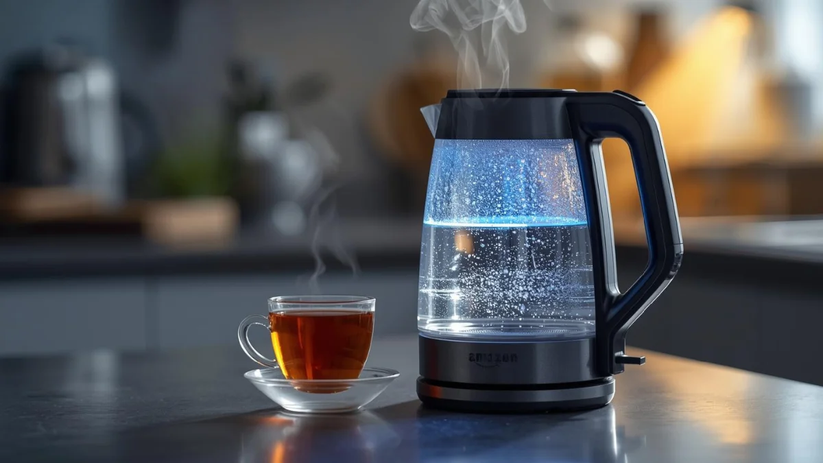 An Ultra-natural lifestyle image of an Amazon Basics electric kettle with glass carafe, transparent glass body glowing with soft blue LED light while boiling