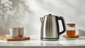 Ultra-natural lifestyle photo of a COMFEE’ stainless steel electric kettle (1.7L) on a clean kitchen countertop. Neutral tones, soft daylight, minimal styling with mugs and tea jar, realistic metal texture, everyday home use feel