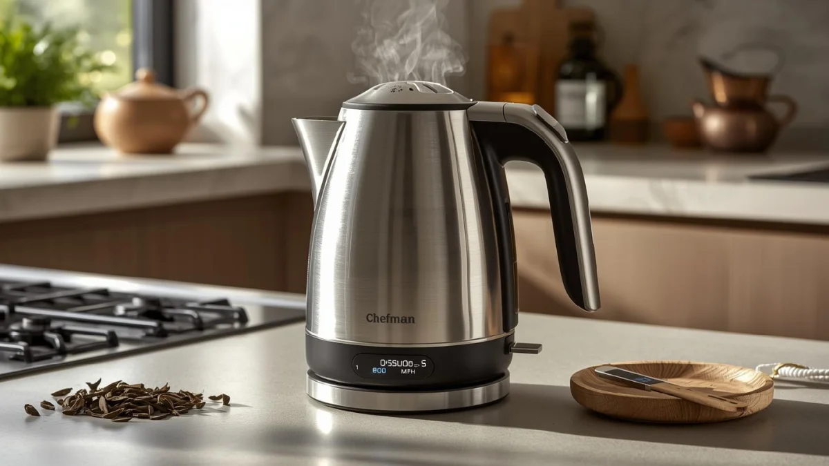 A lifestyle photo of a Chefman electric kettle with temperature control, stainless steel finish, digital base visible. Modern kitchen counter, warm natural lighting,..