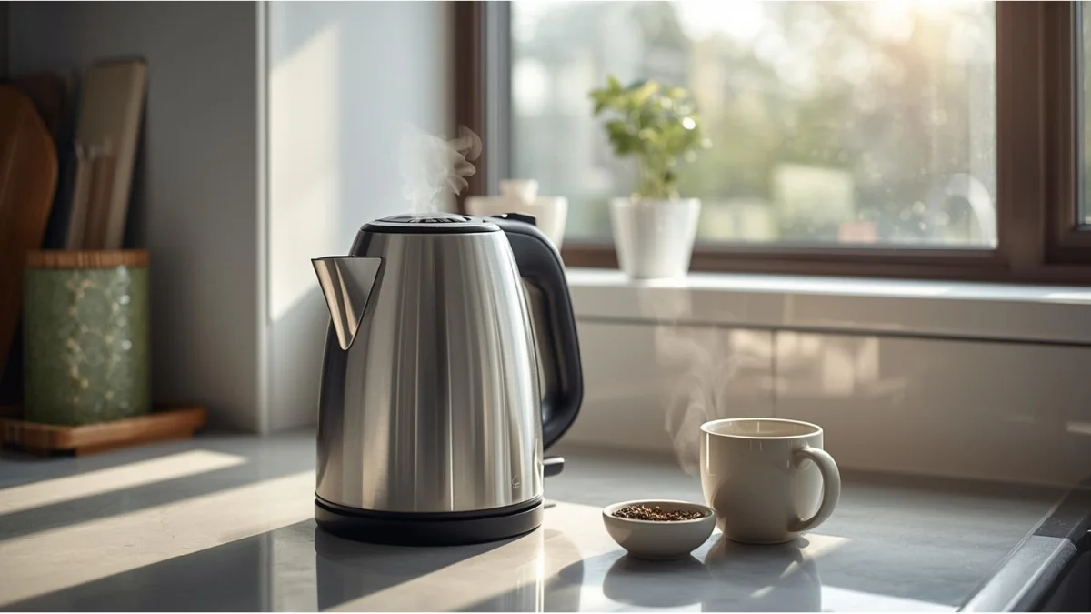 An “Ultra-natural lifestyle photo of a Cosori electric kettle (1.8Qt, stainless steel) on a modern kitchen countertop