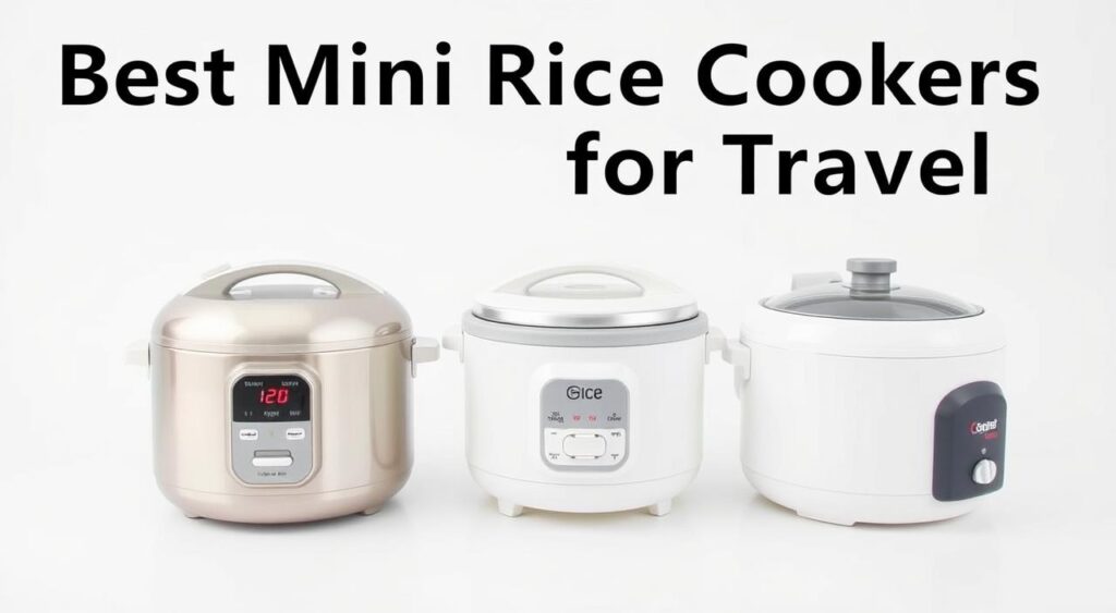 Detailed comparison of three compact rice cookers on a clean white background, showcasing their distinctive designs and features. Bright, even lighting illuminates the stainless steel, ceramic, and plastic exteriors, highlighting their sleek, minimalist aesthetic. The cookers are positioned at an eye-level angle, allowing for clear, detailed observation of their control panels, capacity, and dimensional profiles. A simple, monochromatic color scheme creates a professional, informative atmosphere, suitable for a product comparison chart. The image conveys a sense of quality, efficiency, and portability - key attributes for the "Best Mini Rice Cookers for Travel" article.