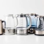 Different types of electric kettles including stainless steel, glass, and plastic models