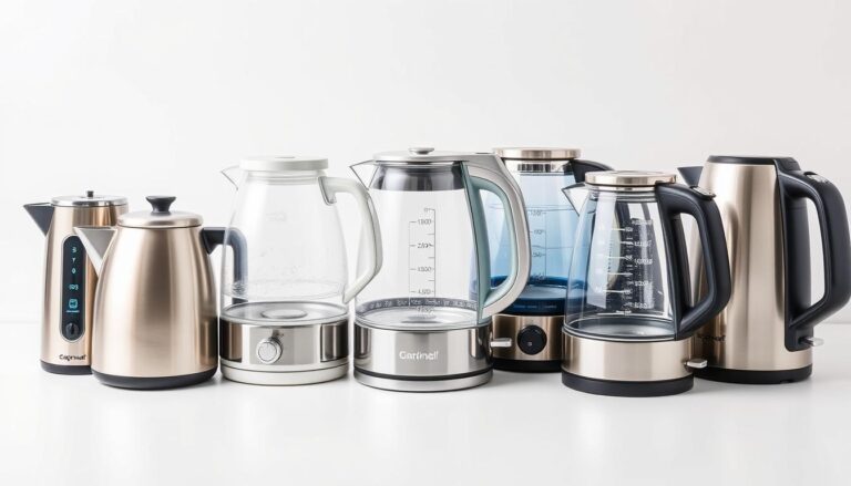 Different types of electric kettles including stainless steel, glass, and plastic models