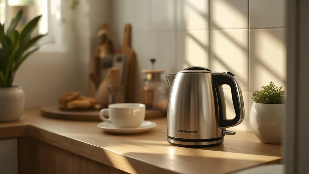 An Ultra-natural lifestyle image of an Elite Gourmet EKT1001 electric kettle, compact design in Statinless Steel