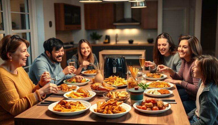 Family enjoying a meal prepared with a large capacity air fryer