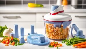 Fullstar Vegetable Chopper with various blade attachments and chopped vegetables
