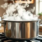 Large stockpot being used to prepare a family meal with steam rising