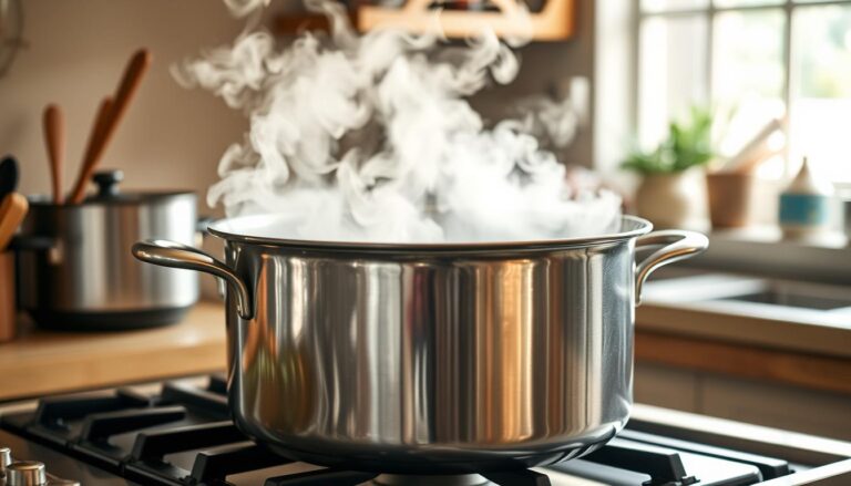 Large stockpot being used to prepare a family meal with steam rising