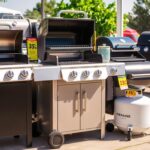 Various propane grills on sale displayed in outdoor setting with price tags showing discounts