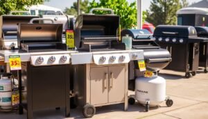 Various propane grills on sale displayed in outdoor setting with price tags showing discounts