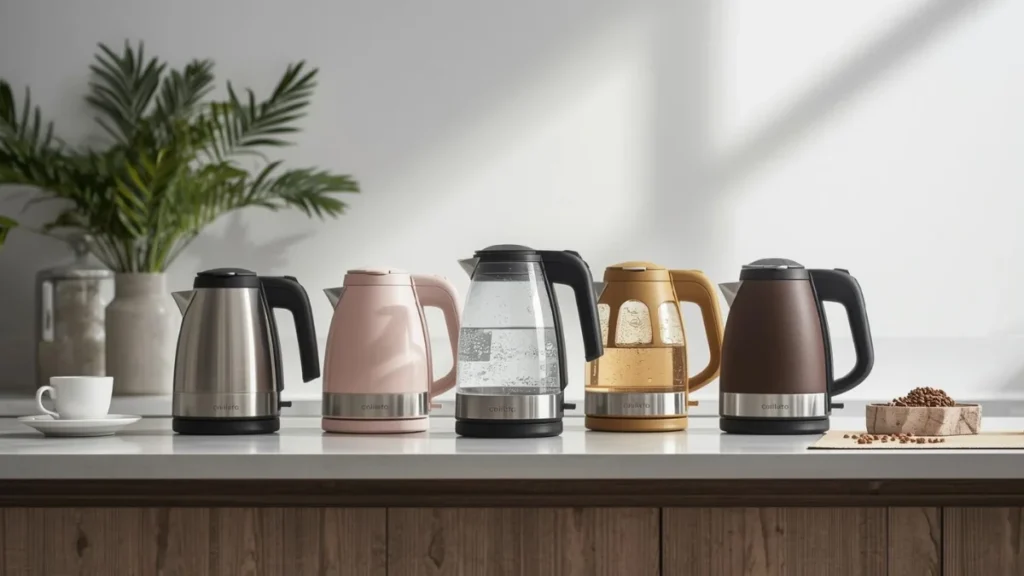 A collection of best electric kettles displayed side-by-side on kitchen counter