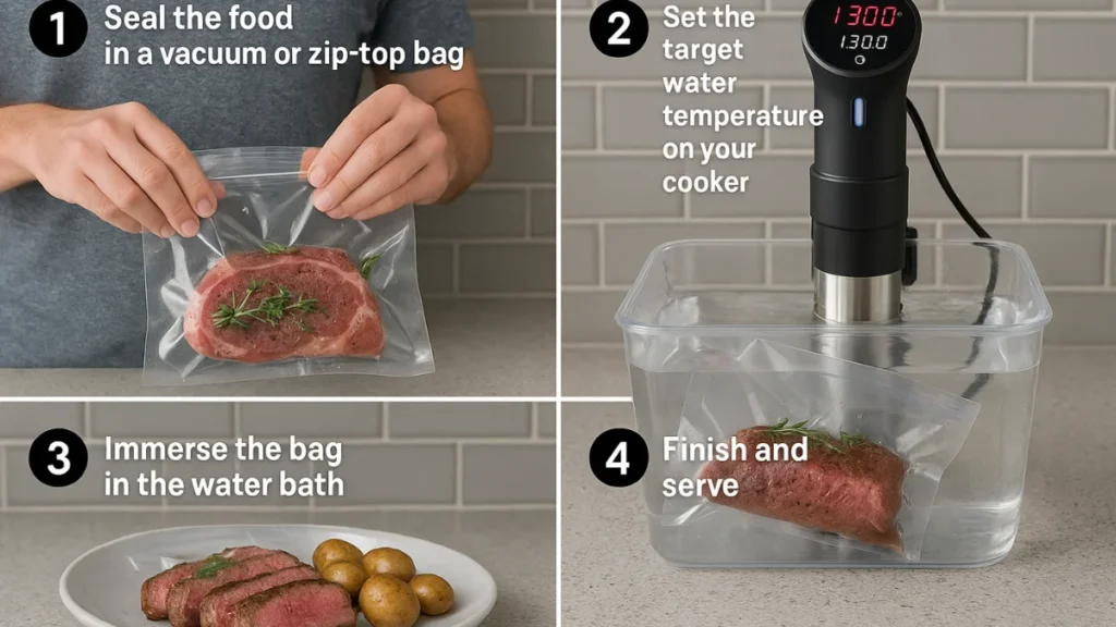 Sous vide cooking process showing food in vacuum-sealed bag being placed in water bath with best sous vide cookers under $100