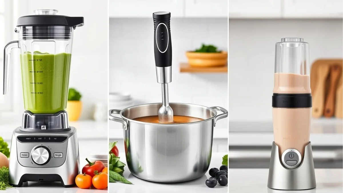 Different blender types being used for various kitchen tasks including smoothies, frozen drinks, and soup preparation
