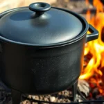 Traditional cast iron dutch oven for camping with legs and flanged lid sitting beside a campfire