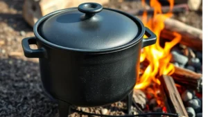 Best Dutch Ovens for Camping: Elevate Your Outdoor Cooking 30 Traditional cast iron dutch oven for camping with legs and flanged lid sitting beside a campfire