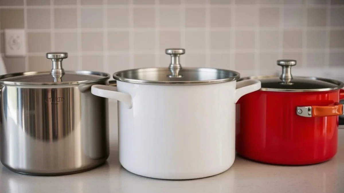 Stainless Steel vs Ceramic vs Enamel Stockpots: Which Material Is Best for Large Families? 1 Various stockpot materials showing stainless steel, ceramic, and enamel options side by side