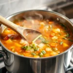 Large stockpot filled with a colorful vegetable soup being stirred with a wooden spoon